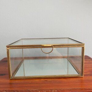 Vintage Glass Brass Jewelry Trinket Box Rectangular Mirror Bottom Latch